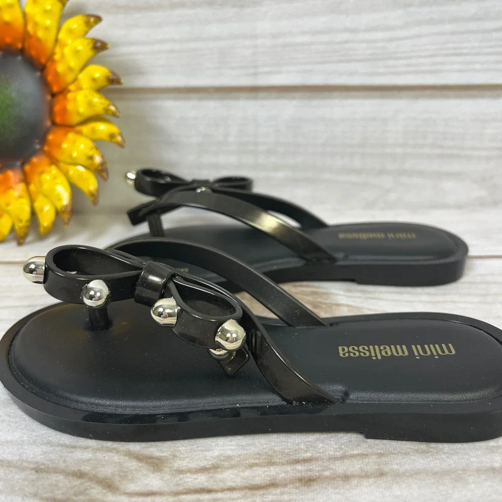 Mini Melissa Girls Black Jelly Flip Flop Sandals Bow Silver Ball Studded 11 Shoe